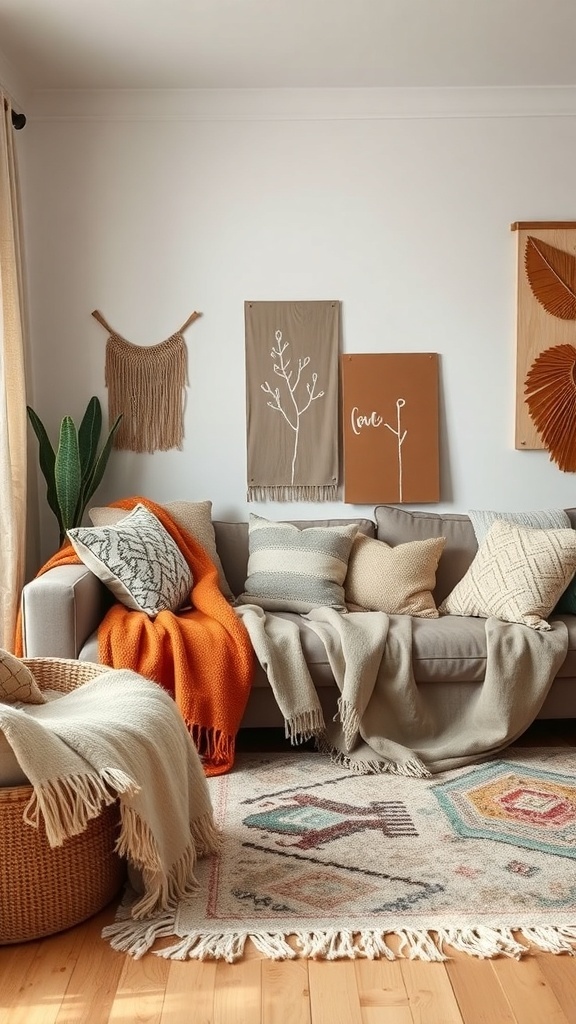 A cozy living room with a sofa covered in layered textiles, including cushions and throws, complemented by a patterned rug.