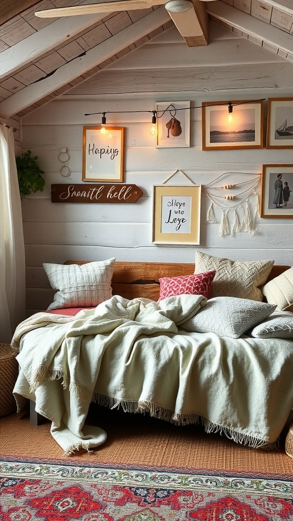 Cozy cottage bedroom with layered textures, including a wooden bed, soft blankets, and decorative pillows.