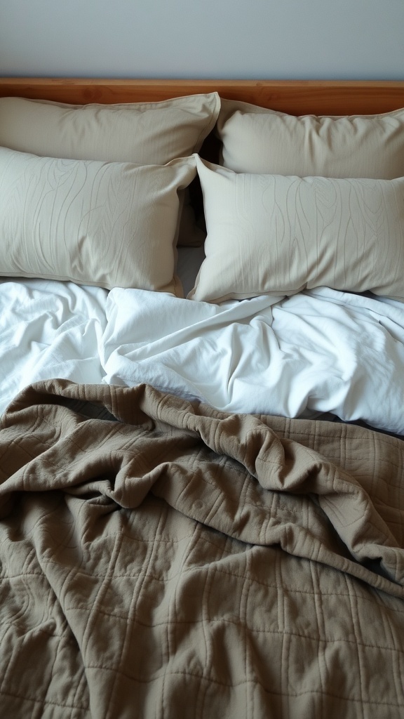 A cozy bed with layered textures featuring beige pillows, white sheets, and a brown quilt.
