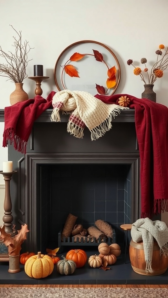 A fall mantel decorated with blankets, pumpkins, and natural elements.