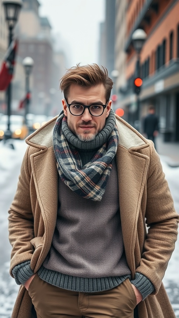 A stylish man in a beige overcoat, gray sweater, and plaid scarf, standing in a snowy urban setting.
