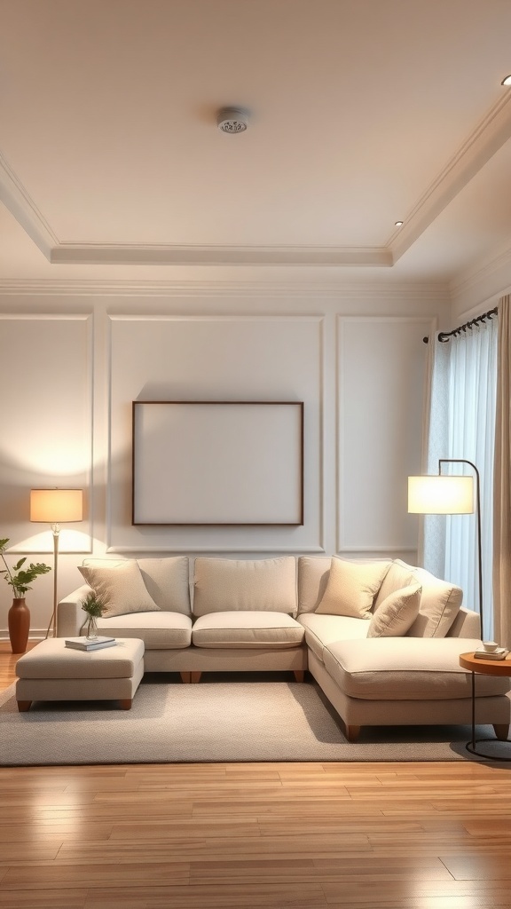 A well-lit living room featuring a comfortable sectional sofa, ambient lighting from lamps, and inviting decor.
