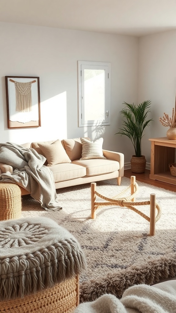 Cozy living room with a beige sofa, knitted throw, plush rug, and woven baskets.