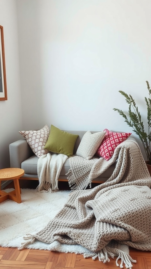 A cozy small sitting room with a couch, colorful pillows, and layered blankets on the floor.