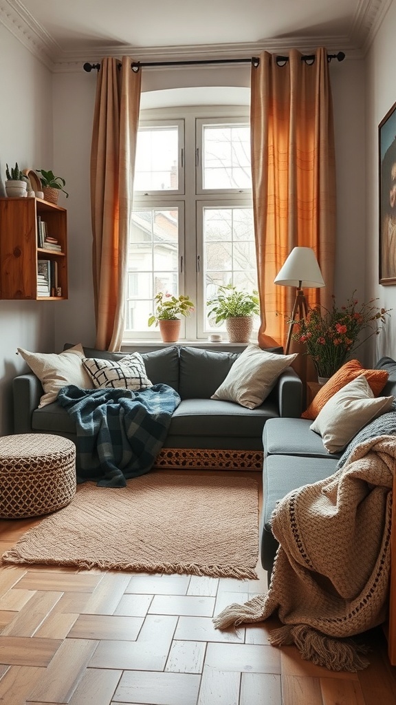 Cozy small apartment living room with layered textures, including a sofa with throw pillows, a woven pouf, and plants by the window.