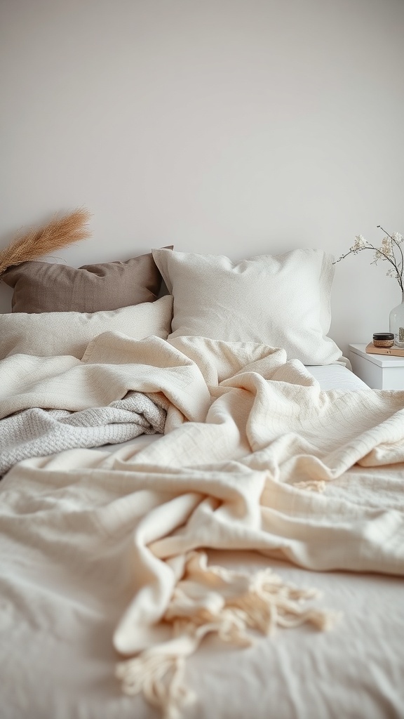 A cozy neutral-toned bedroom featuring layered blankets, pillows, and soft textures.