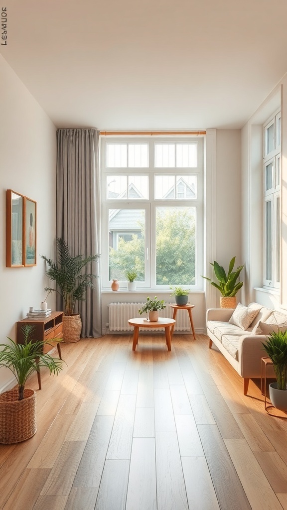 A bright and airy small apartment interior with light walls, wooden flooring, and plants.