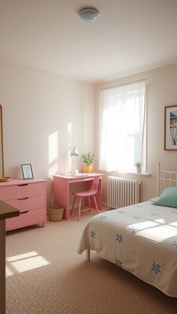 A small bedroom with light color palette featuring a pink dresser and desk, a cozy bed, and a sunny window.