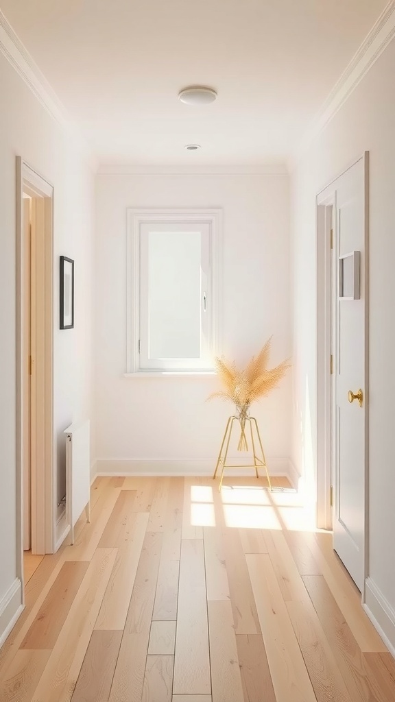 A bright hallway with light walls, wooden floors, and a decorative plant.
