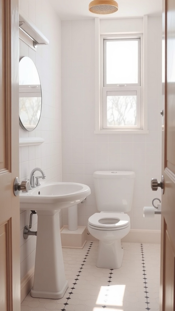 A small bathroom featuring light-colored walls, a round mirror, a sink, and a toilet, with natural light coming through a window.