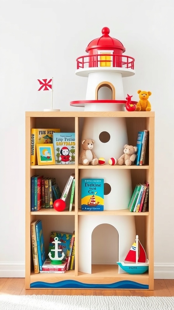 A colorful lighthouse bookshelf with books and toys, designed for a nautical nursery.