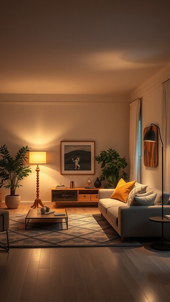 A cozy living room with warm lighting, featuring a sofa, plants, and decorative elements.
