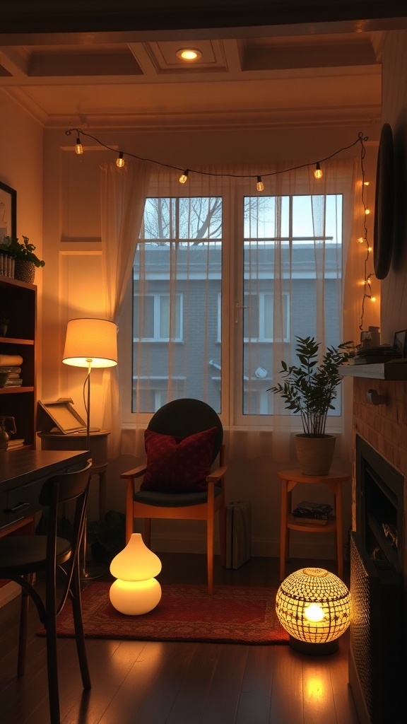 Cozy small room with various lighting sources including a floor lamp, unique shaped lamp, and string lights.