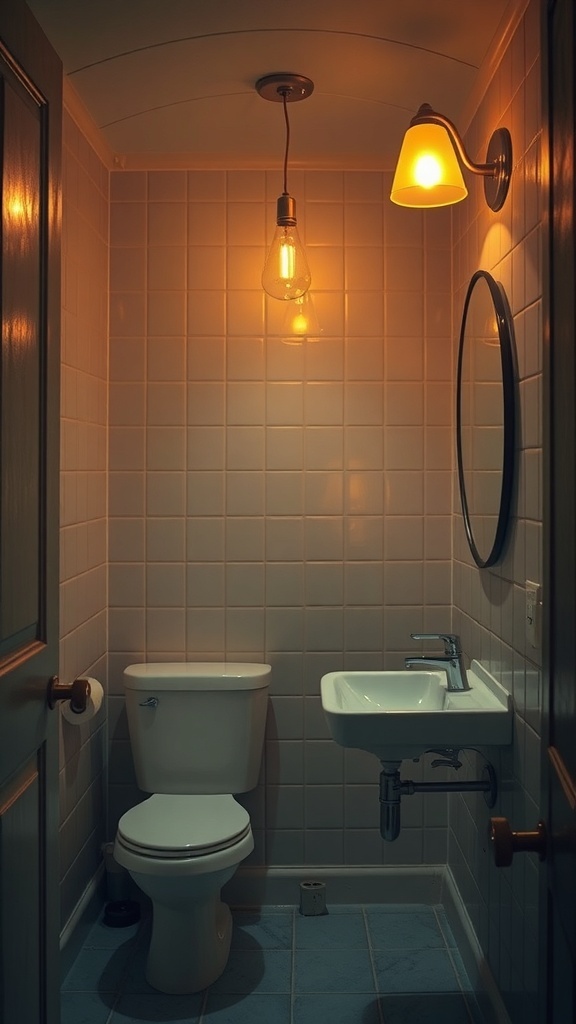A cozy half bathroom with warm lighting from a pendant light and wall sconce.