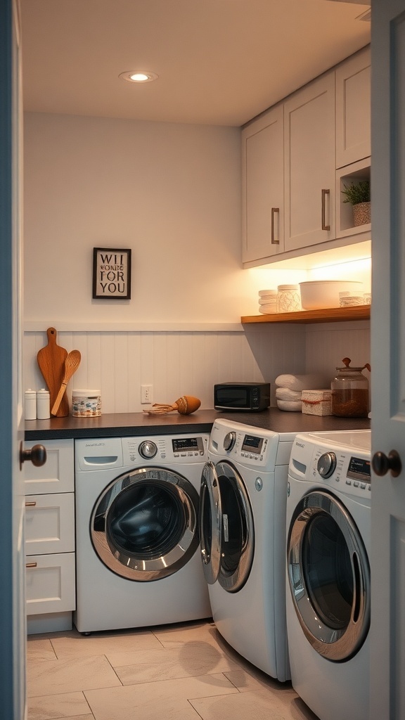 A well-lit laundry room with cabinets, washer and dryer, and a cozy atmosphere