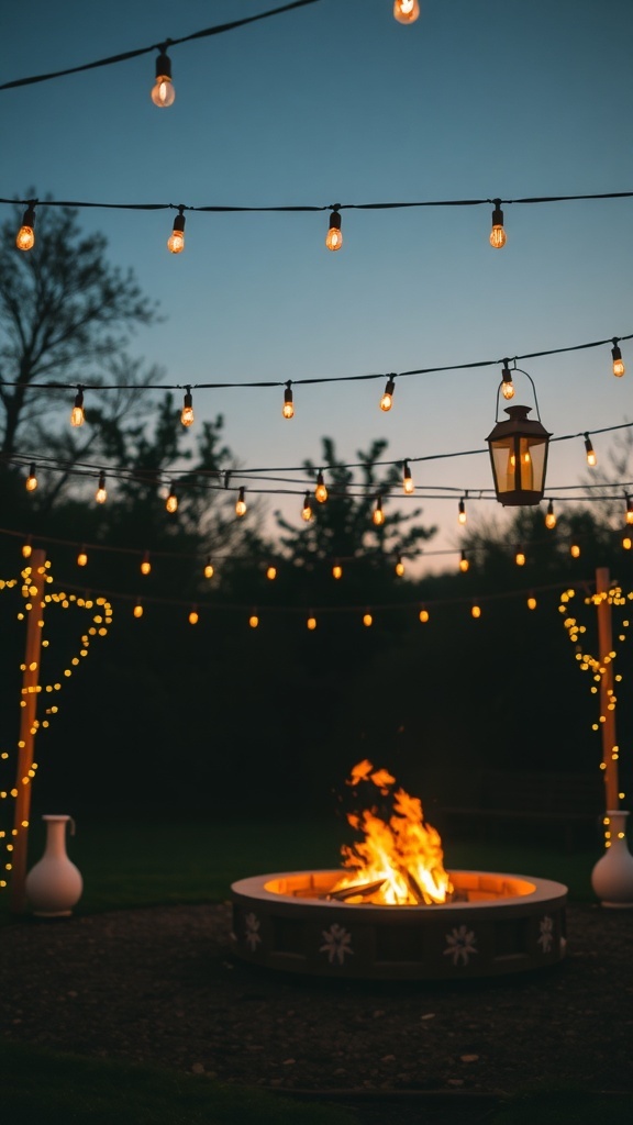 A cozy backyard fire pit area with string lights and a lantern, creating a warm atmosphere.