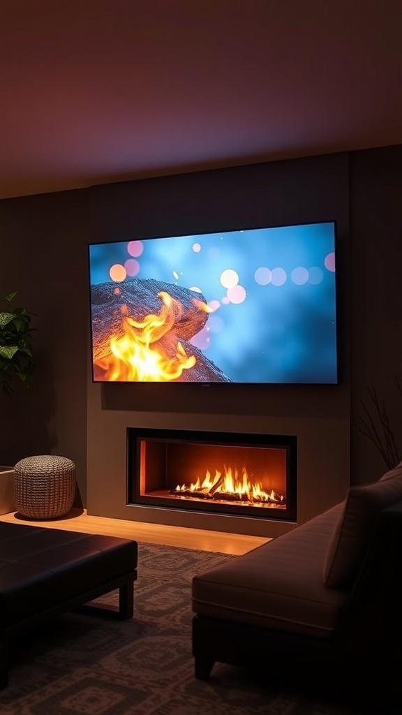 A cozy living room featuring a fireplace with a TV mounted above it, showcasing warm lighting and a modern design.