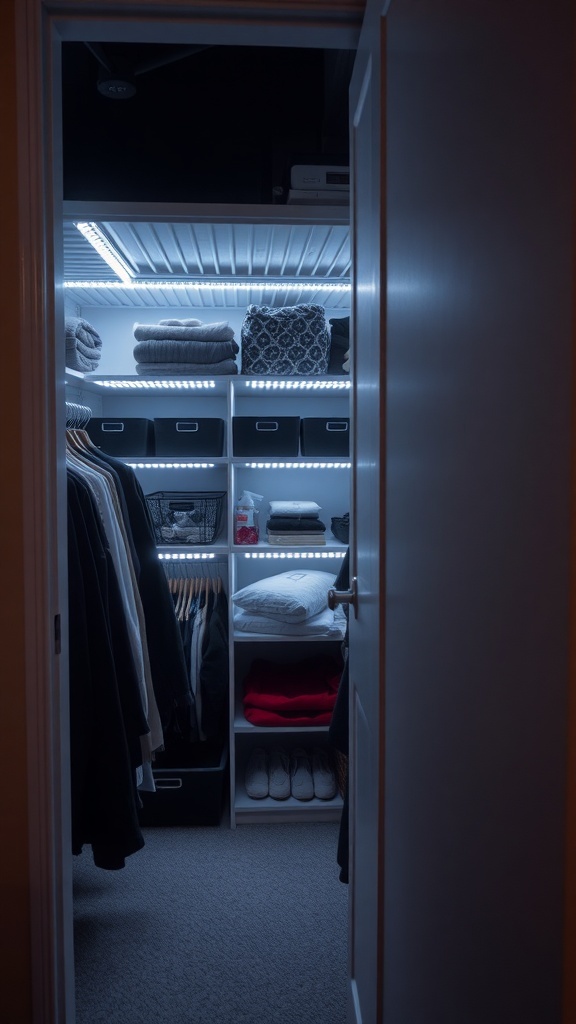 A small closet with LED strip lights illuminating shelves filled with clothes and storage boxes.