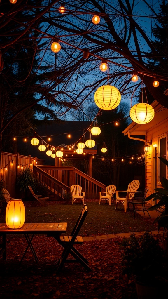 A cozy backyard illuminated with lanterns and string lights at night.