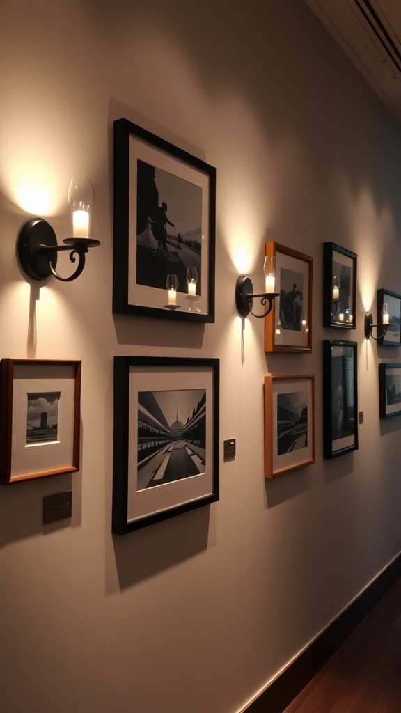 Gallery wall with framed pictures illuminated by wall sconces.