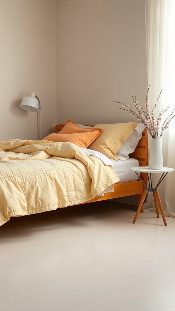A cozy summer bedroom with lightweight yellow bedding and a bedside table with flowers.