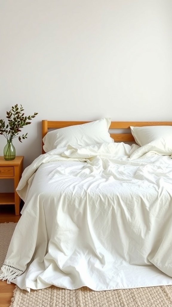 A neatly made bed with a white lightweight bedspread and decorative pillows, accompanied by a vase of greenery.