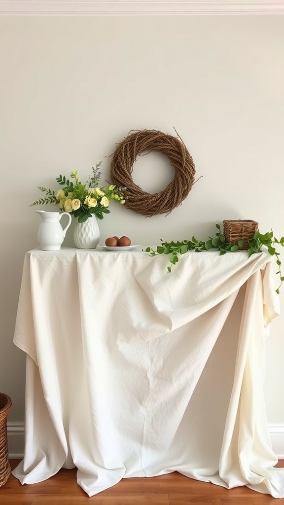 A summer mantel decor featuring a white tablecloth, flowers in a pitcher, a rustic wreath, and a natural vibe.