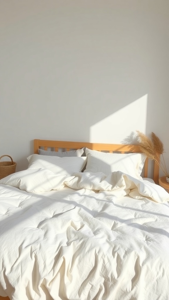 A neatly made bed with a lightweight linen comforter and soft pillows, illuminated by natural light.