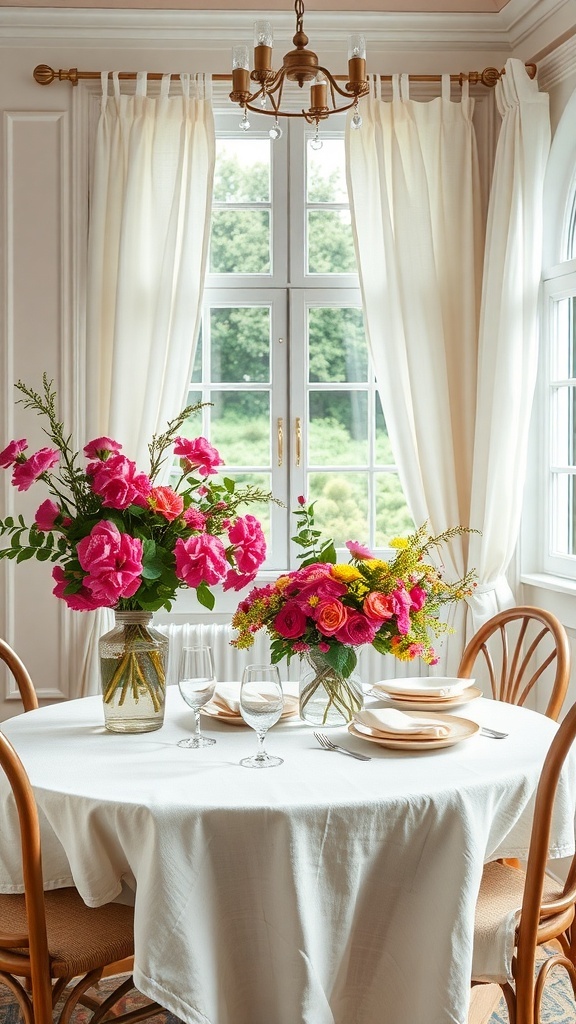 A bright dining room with sheer curtains, a white tablecloth, and colorful flower arrangements.