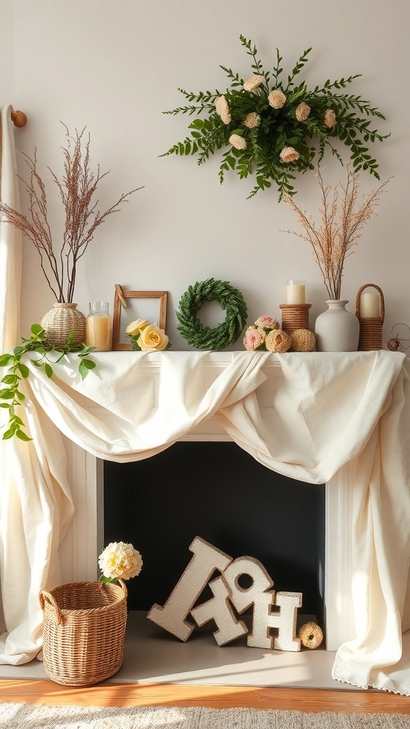 A summer mantel decorated with lightweight textiles, greenery, and natural elements.