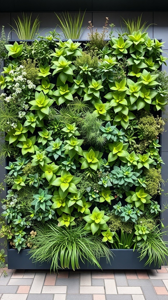 A vibrant living wall planter filled with various green plants, showcasing a lush vertical garden.