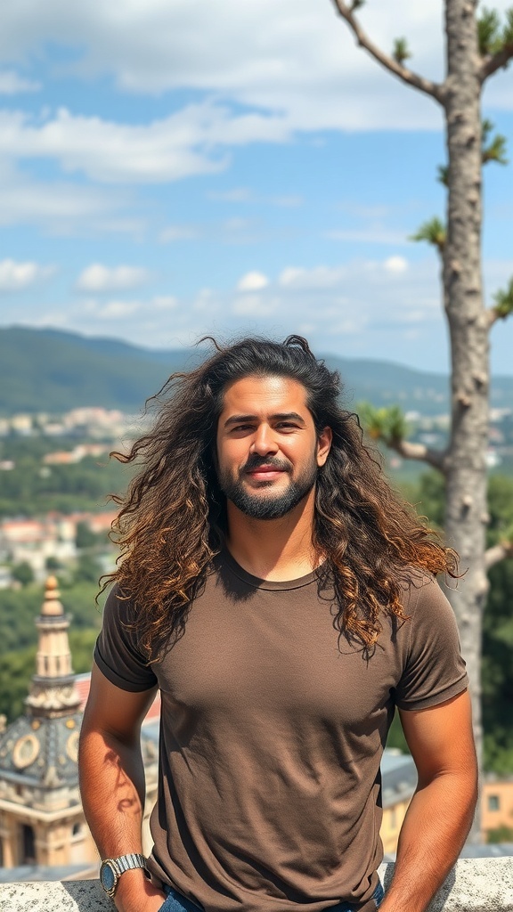 A man with long curly hair standing outdoors with a scenic background.