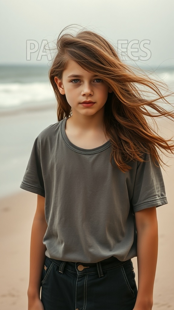 A young boy with long flowing hair standing on the beach, looking confidently at the camera.