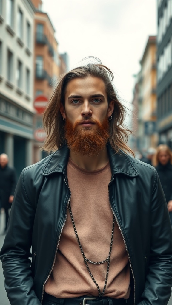 A person with long hair and a ducktail beard, wearing a leather jacket, walking in an urban setting.