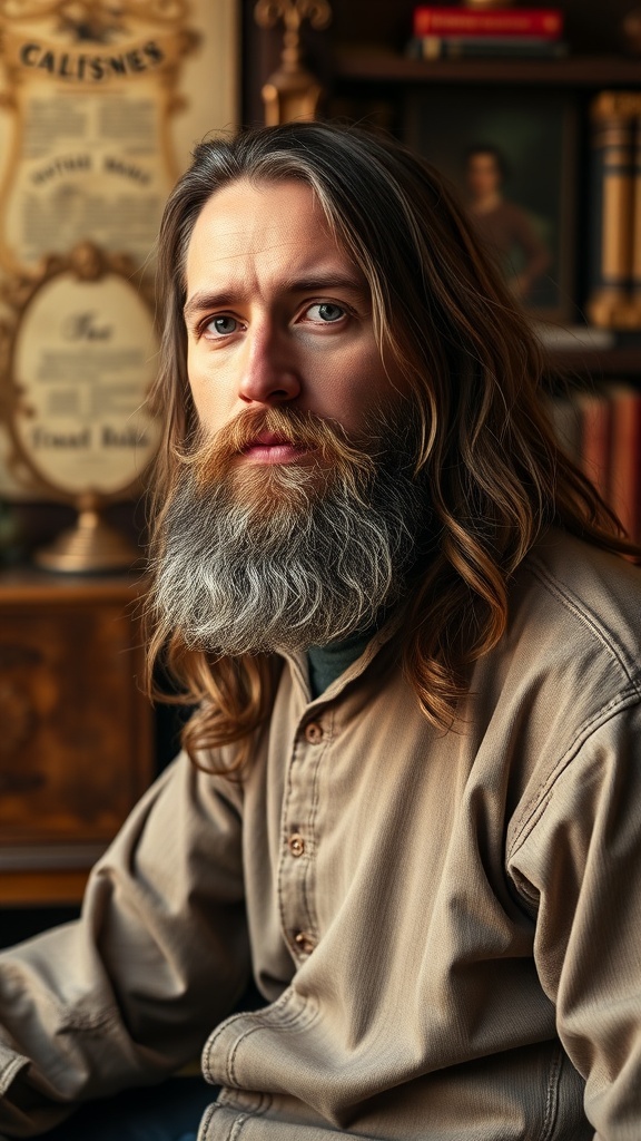 A man with long hair and a Van Dyke beard, showcasing a stylish and balanced look.