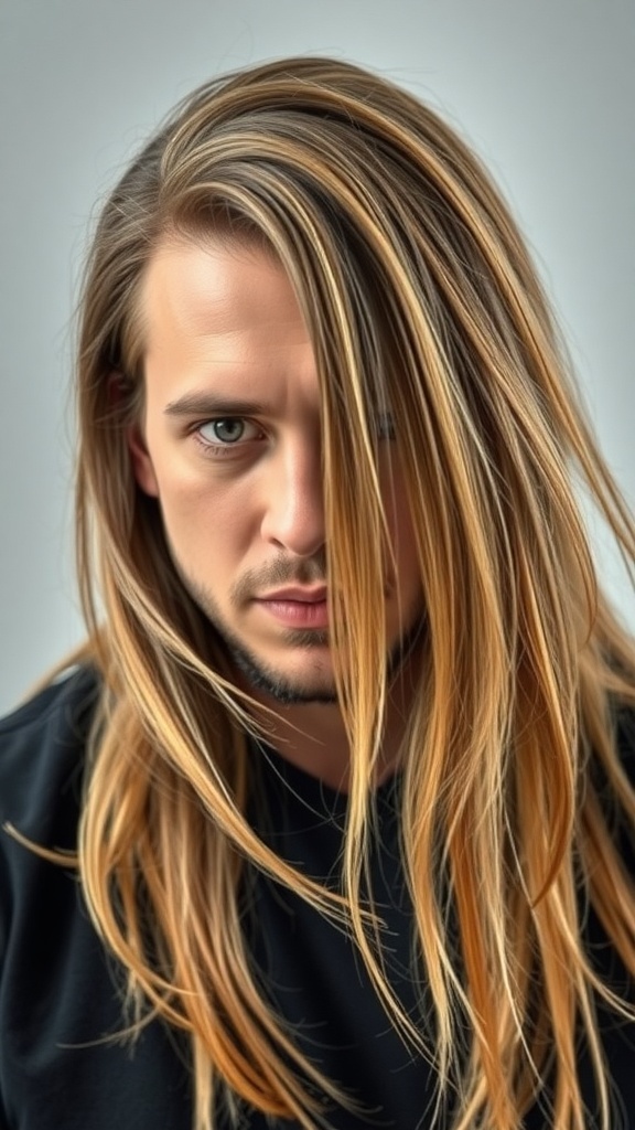 A man with long, layered hair, showcasing movement and texture.
