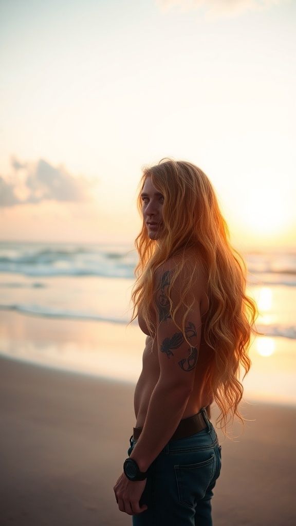 A person with long wavy blonde hair standing on the beach during sunset.