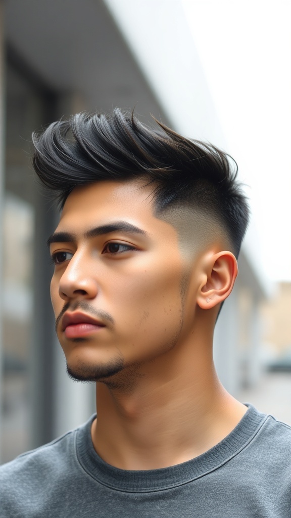 A young man with a longer top hairstyle and tapered sides, showcasing a stylish haircut for fine hair.