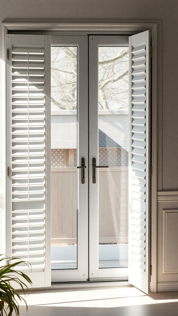 Interior view of sliding glass door with open louvered shutters