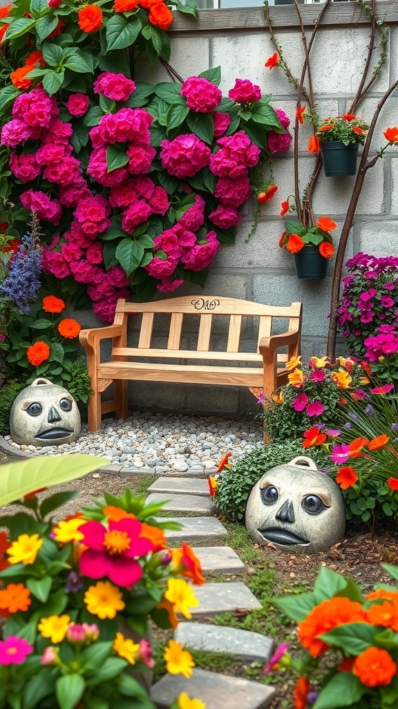 A cozy garden nook with vibrant flowers, a wooden bench, and playful stone decorations.