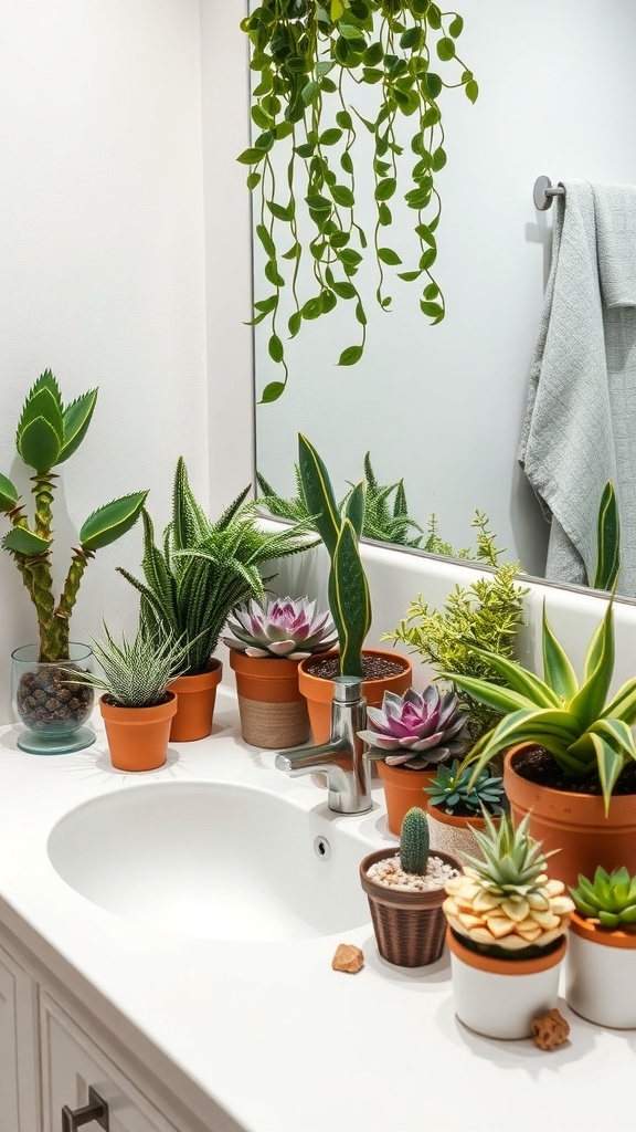 Bathroom counter decorated with various potted plants and greenery.