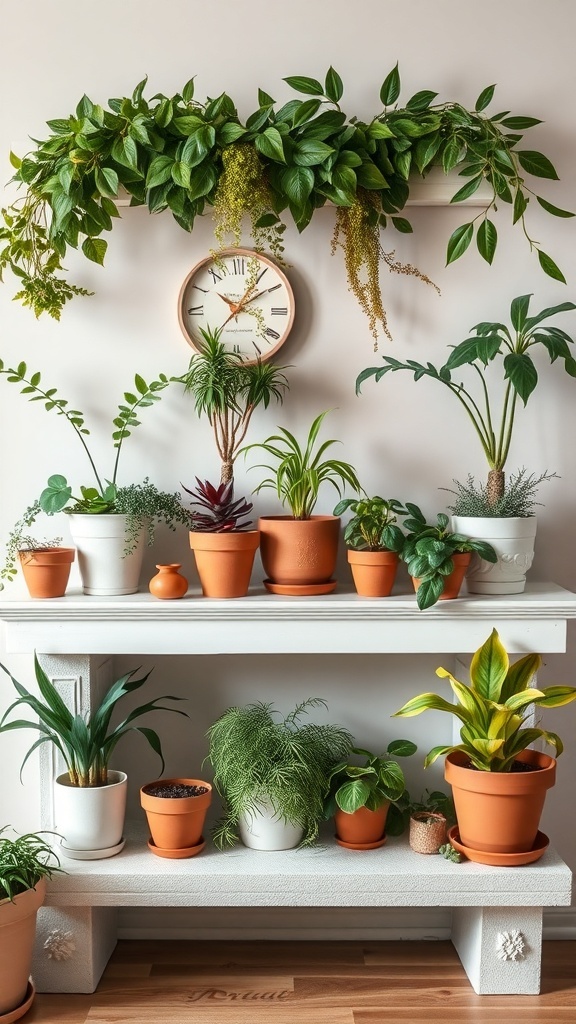 A shelf decorated with various indoor plants in terracotta and white pots, with greenery hanging above and a clock in the center.