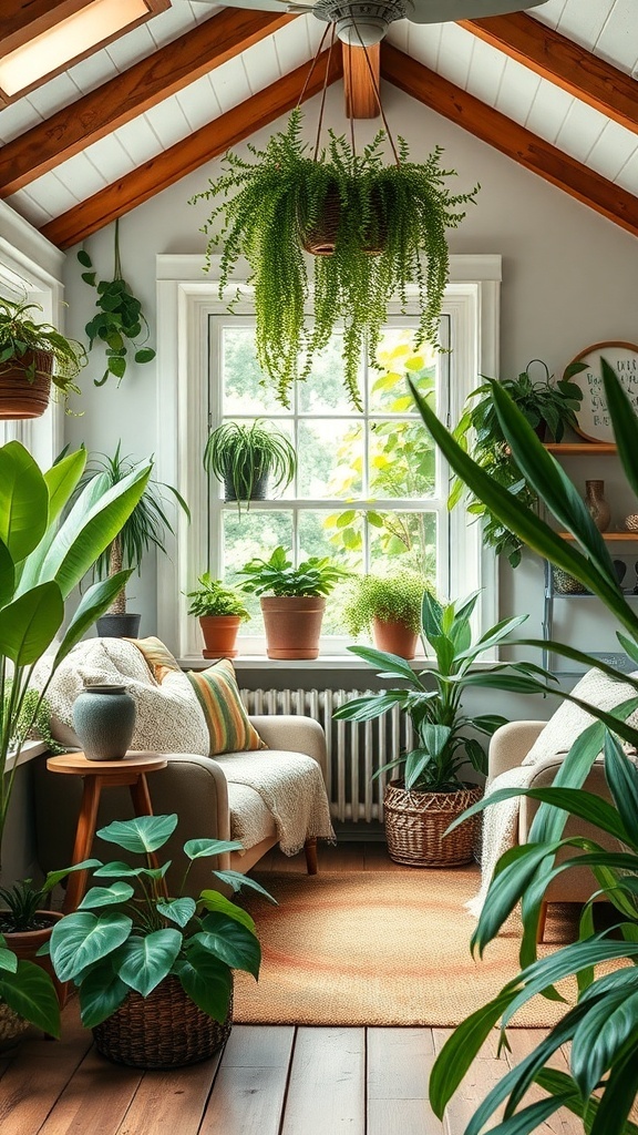 Cozy cottage corner with various indoor plants and comfortable seating