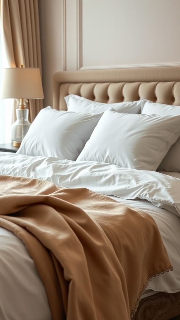 A classy bedroom featuring luxurious bedding with white sheets, plush pillows, and a warm throw blanket.