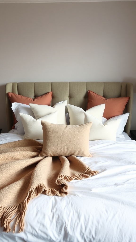 Luxurious bedding layers with pillows and a throw blanket on a bed.
