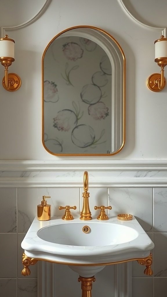 A luxurious bathroom sink with gold accents, featuring a marble sink, gold fixtures, and a round mirror.