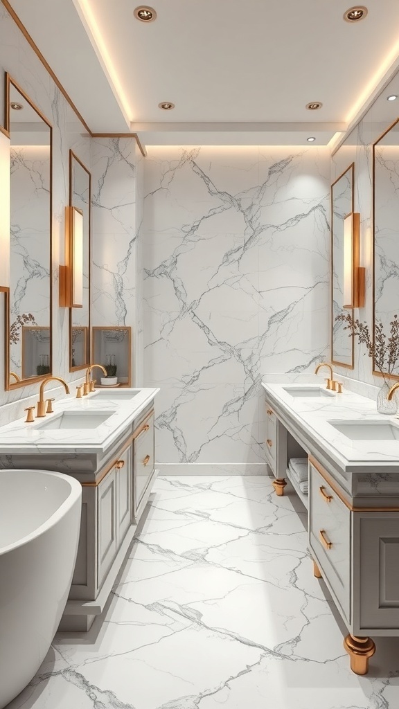 Luxurious bathroom with marble accents, featuring double sinks and elegant fixtures.