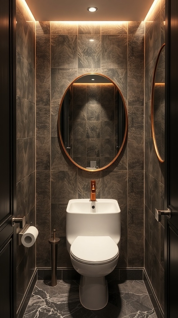 Luxurious powder room with textured wall tiles, round mirror, and stylish fixtures