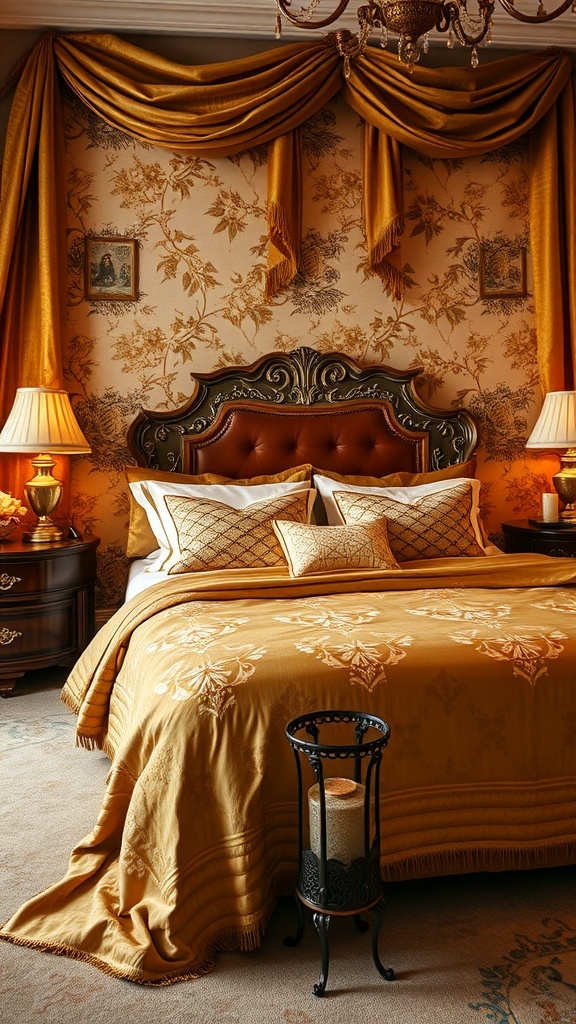 A luxurious bedroom featuring rich golden fabrics, intricate bedding, and elegant decor.