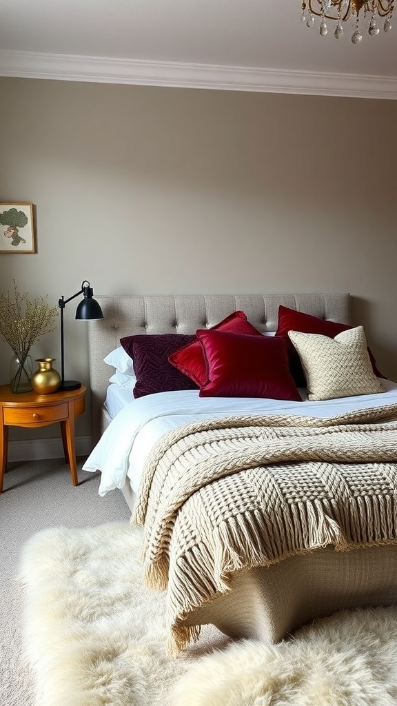A stylish guest bedroom featuring a plush bed with vibrant pillows, a cozy throw, and a soft rug.